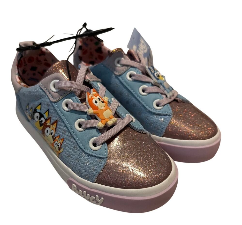 NWT Bluey & Bingo Toddler Girl Slip On Court Sneakers Glitter Blue Pink Size 11